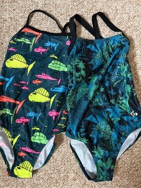 Girls' Neon Fish One-Piece Swimsuit & Teal Jungle One-Piece Set